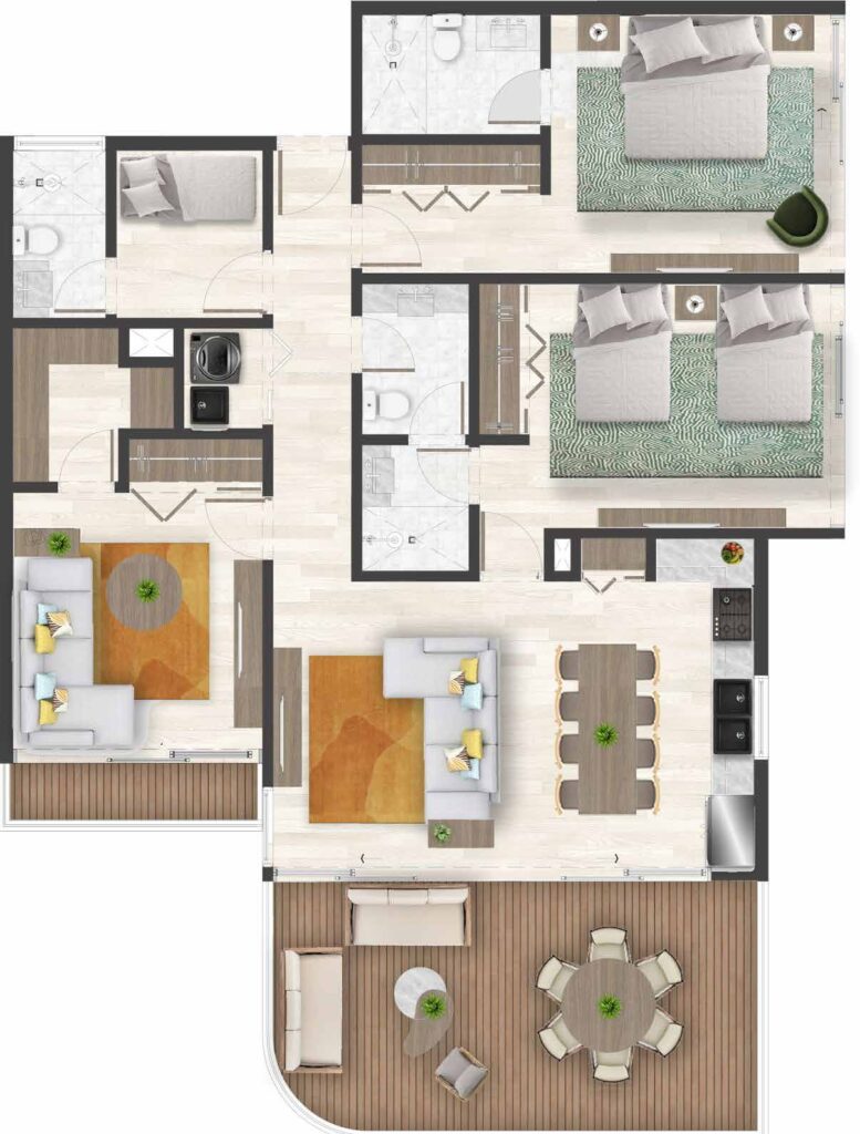 Plano 2 Habitaciones + Family + Habitacion de Servicio Tipo B, Bonita Beach Residences