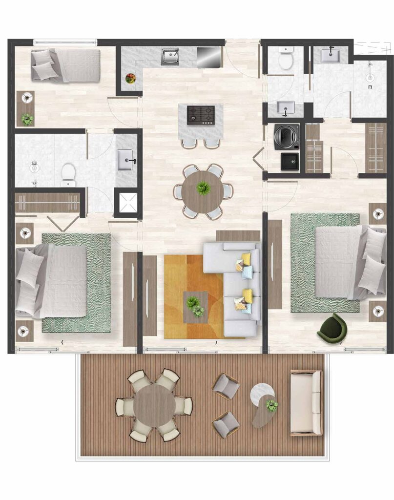Plano 2 Habitaciones + Habitacion de Servicio, Bonita Beach Residences