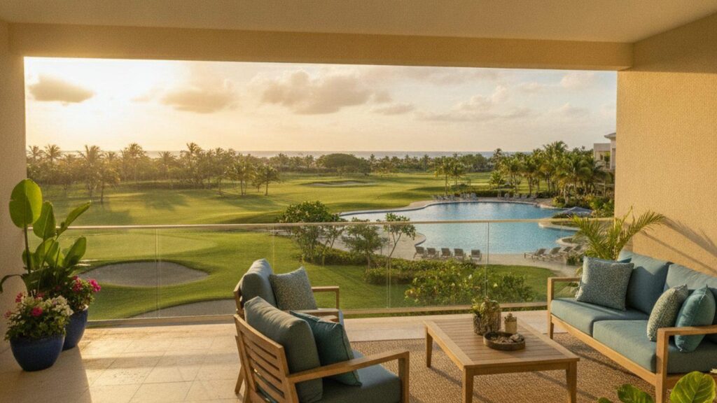 Terraza de apartamento en alquiler vacacional con vista al campo de golf, ejemplo de propiedad Airbnb en Punta Cana