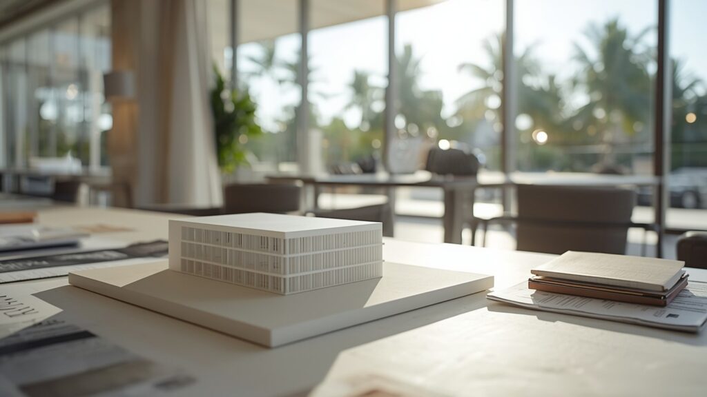 Off-plan apartments under construction in Punta Cana, along with the project's architectural plans