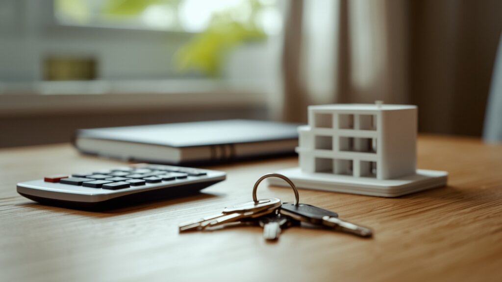 Calculating a mortgage in the Dominican Republic: calculator, keys, and a model of an apartment on a desk