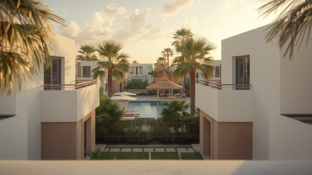 Newly built homes in Punta Cana, as seen from the garden, with palm trees and a pool in the background