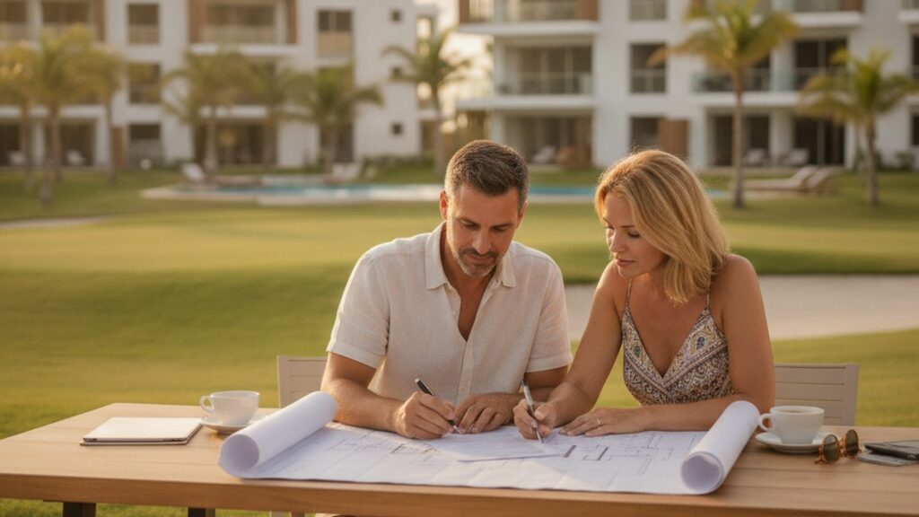 A foreign couple signing a contract to buy a house in the Dominican Republic in front of a development under construction in Punta Cana