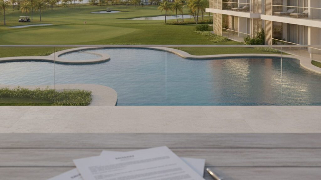 Legal documents for a Confotur-certified project overlooking a swimming pool and golf course in Punta Cana