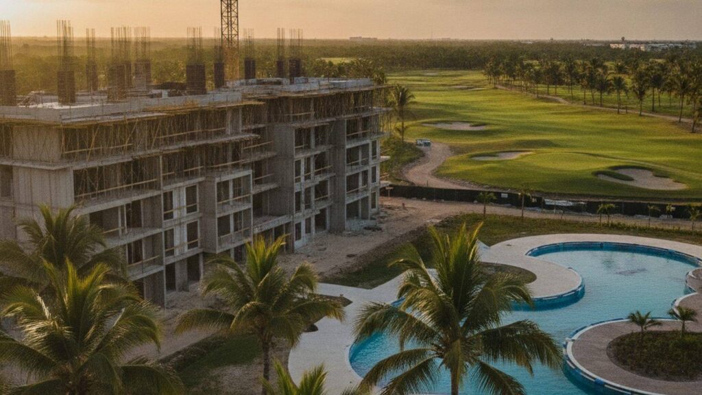 Pre-sale real estate trust: construction site of a development in Punta Cana with a crane in operation at sunset