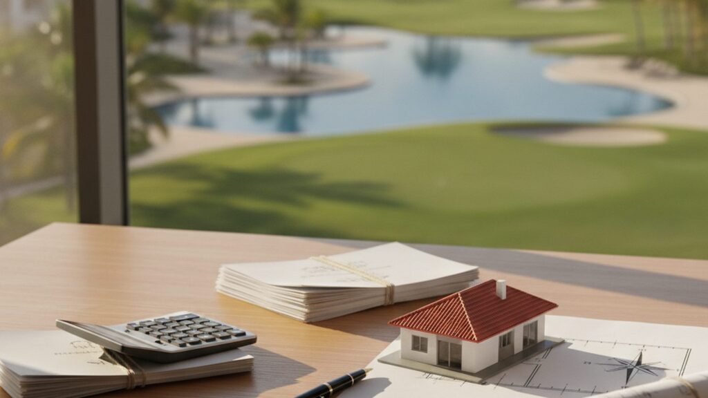 A calculator and financial documents on a desk, illustrating the calculation of real estate transfer tax and the costs of buying a property in Punta Cana