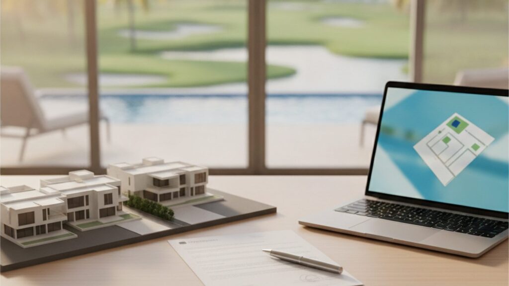 Title deed lying on a desk at a real estate office in Punta Cana, with a residential development visible in the background