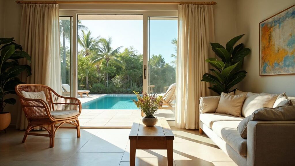 Living room and terrace of a furnished Airbnb apartment in Bávaro, with the sliding door open to the tropical greenery