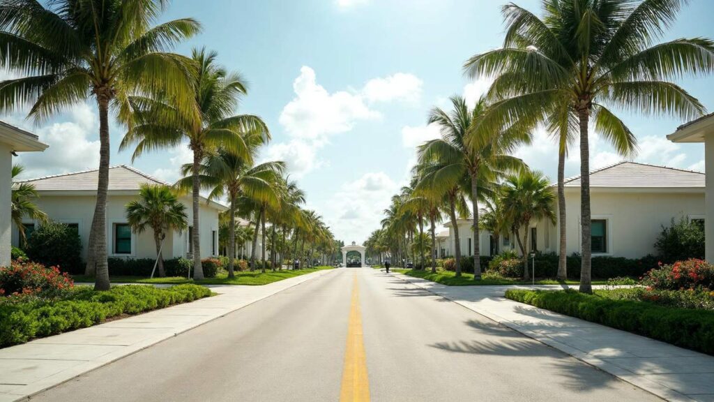 An interior street in a gated community where the rules determine whether Airbnb is allowed in Cap Cana, featuring palm trees and access control