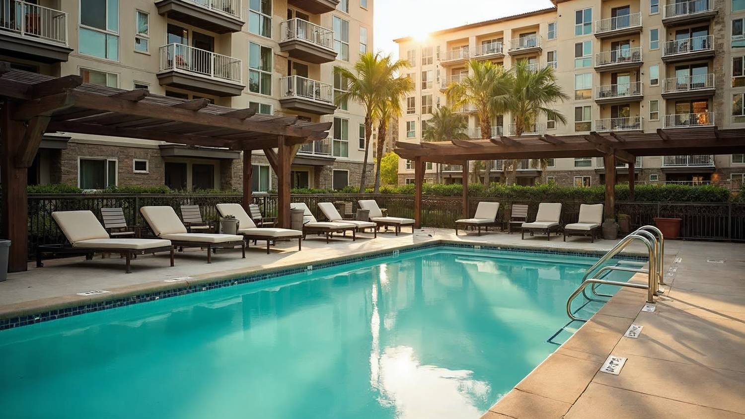 Área de piscina de un condominio en Punta Cana con tumbonas y pérgola, la amenidad que más sostiene el valor de reventa