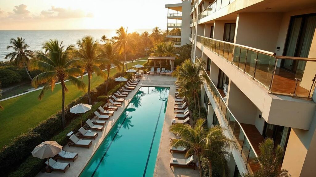 Low-rise apartment buildings in Punta Cana with balconies arranged in tiers around the project's pool at sunset