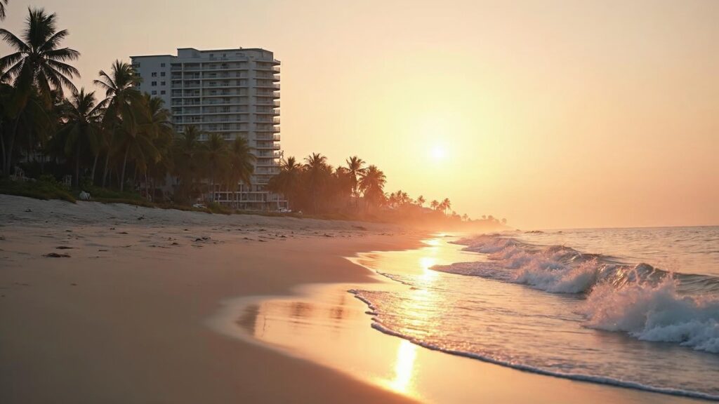 Oceanfront apartment building in Punta Cana, seen from the beach at sunrise with the waves in the foreground