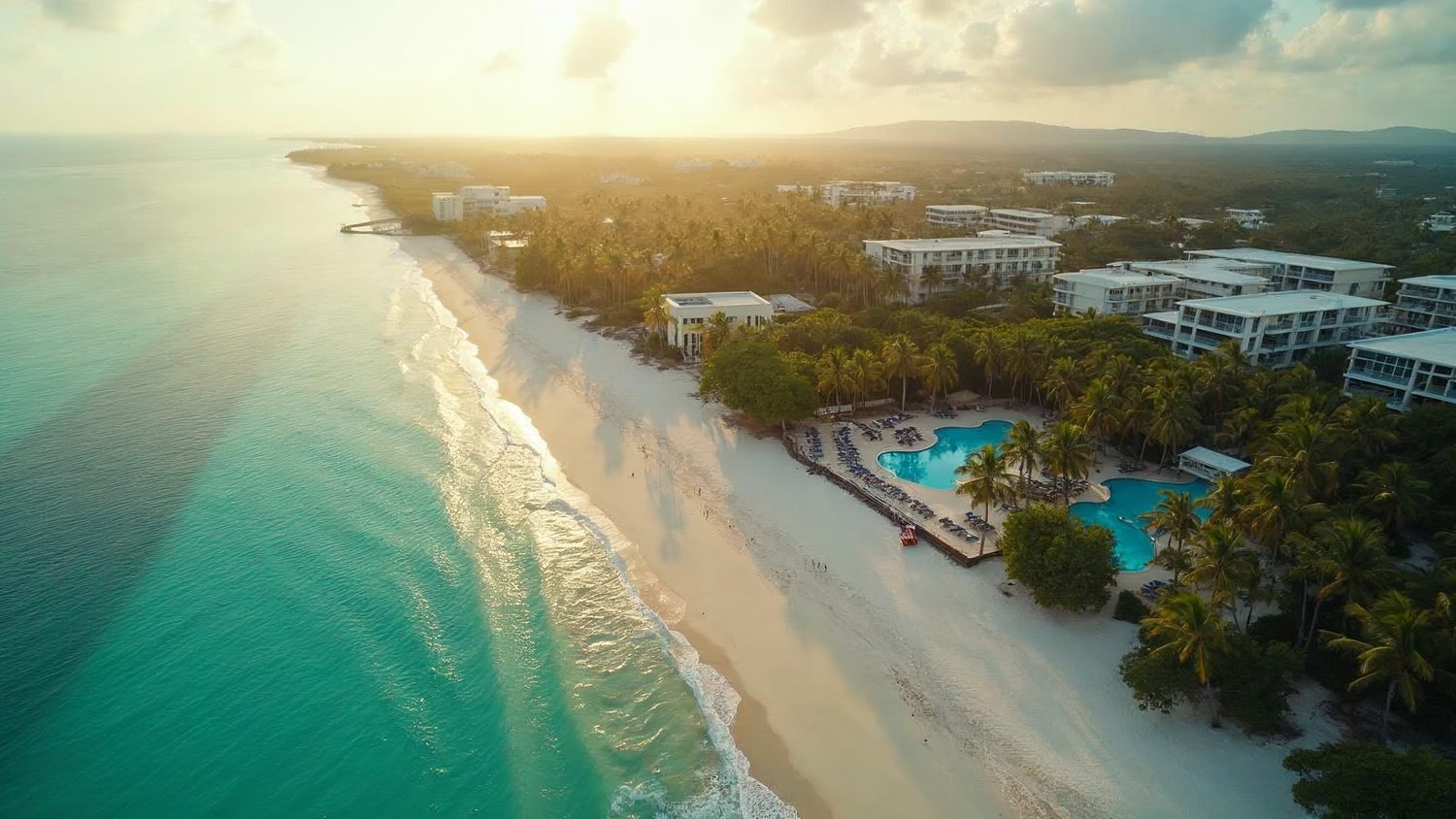 Vista aérea de bienes raíces en República Dominicana: desarrollos residenciales de baja altura entre palmeras en la costa este