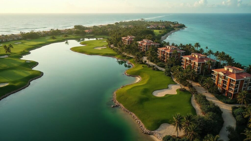 Aerial view of Coral Golf Resort in Cabeza de Toro, showing the golf course, the central lake, and the apartment buildings set among palm trees