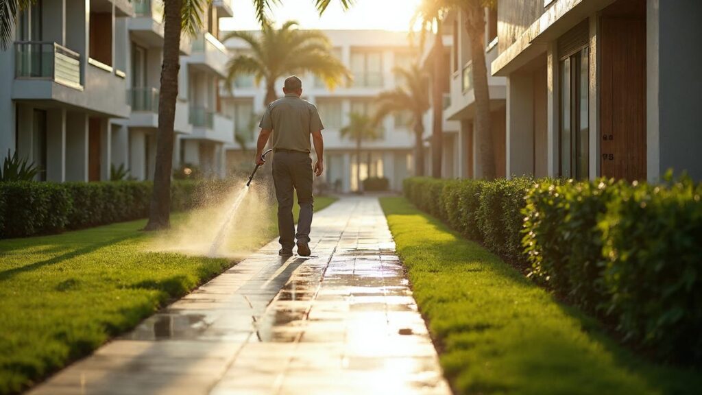 A gardener watering the common green spaces of a condominium in Punta Cana at dawn; this is part of the monthly maintenance fees