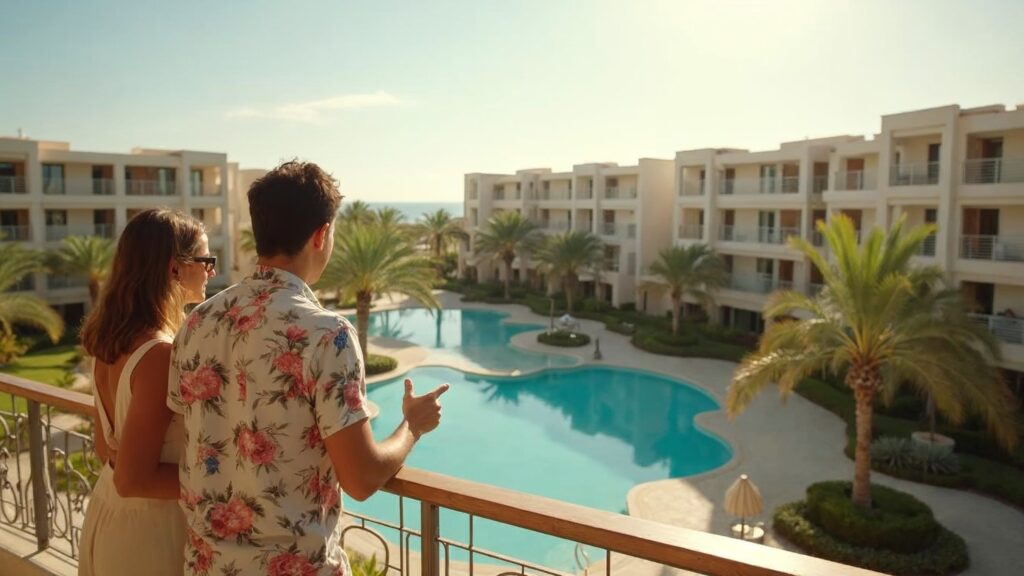 Two people with their backs to the camera, looking at a residential development from a terrace; the conversation leading up to choosing a real estate agency in Punta Cana
