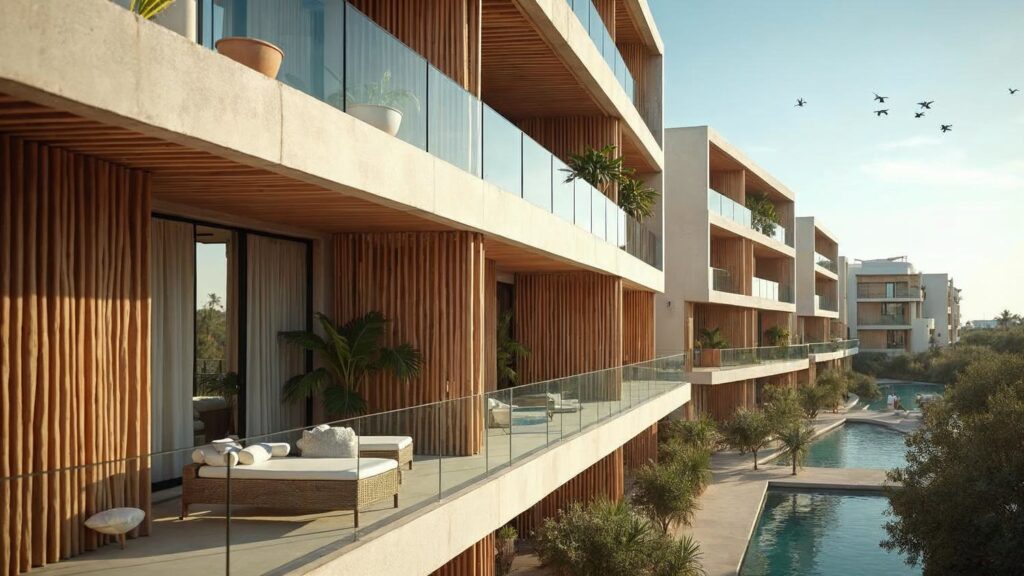 Stepped balconies on a completed residential building in Punta Cana, the property that represents a real estate investment
