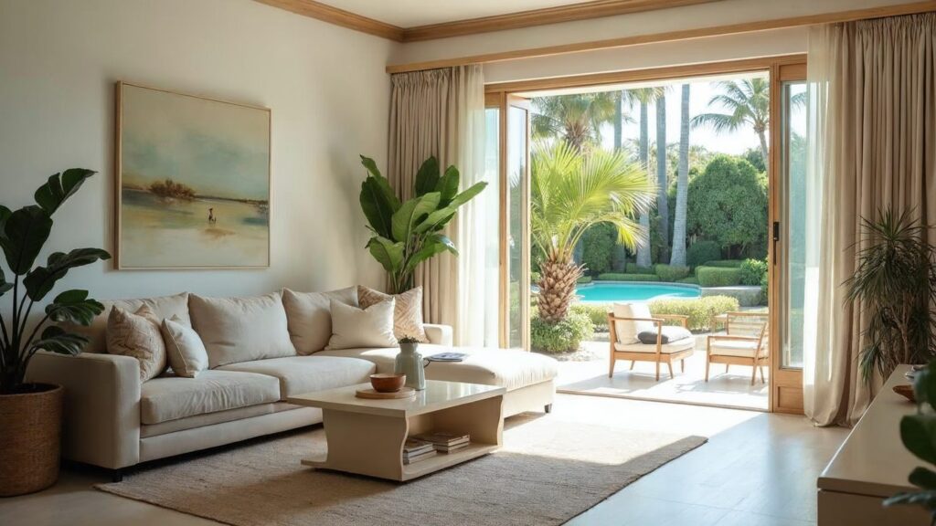 A furnished and tidy room in an apartment ready for a viewing when selling a property in Punta Cana, with a terrace opening onto the garden