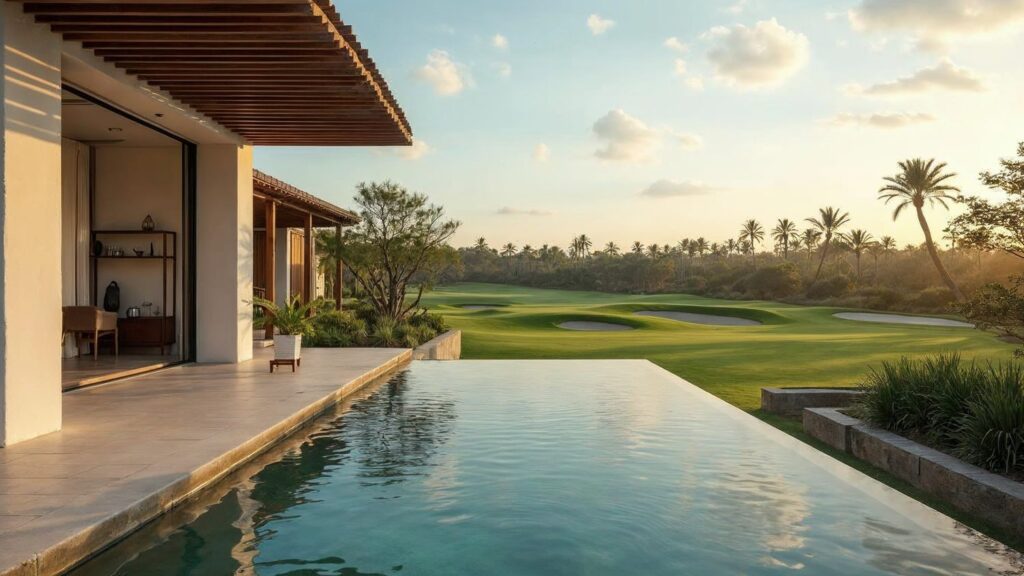 One of the villas in Cap Cana with a private pool and a garden that opens onto the golf course's fairway during the golden hour
