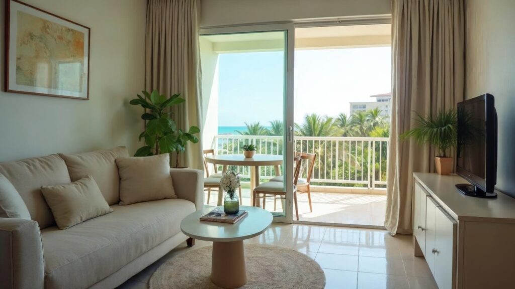 Living room in a furnished apartment for long-term rent in Punta Cana, with a terrace overlooking the condominium's green spaces