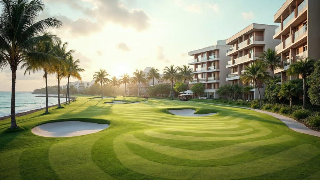 A golf course in Punta Cana at sunrise, with the fairway and sand bunkers visible from the balconies of a residential building