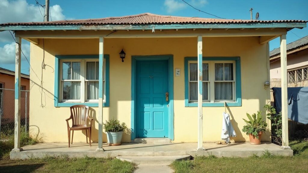 A simple one-story house with a porch, a blue door, and potted plants—the kind of home you find behind the inexpensive houses in the Dominican Republic