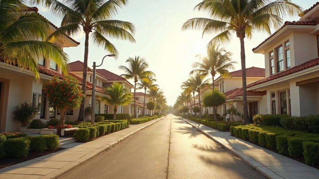 A street in a residential development with homes for sale in the Dominican Republic; white facades among palm trees at sunset