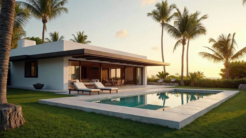 A single-story villa with a private pool and a lush tropical garden bathed in golden light—the perfect choice for anyone looking to buy a villa in the Dominican Republic