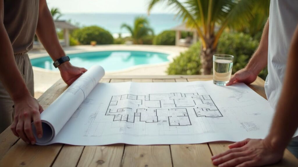 Two people with their backs to the camera, looking at a floor plan of an apartment on a patio table—the first step in buying a home in the Dominican Republic