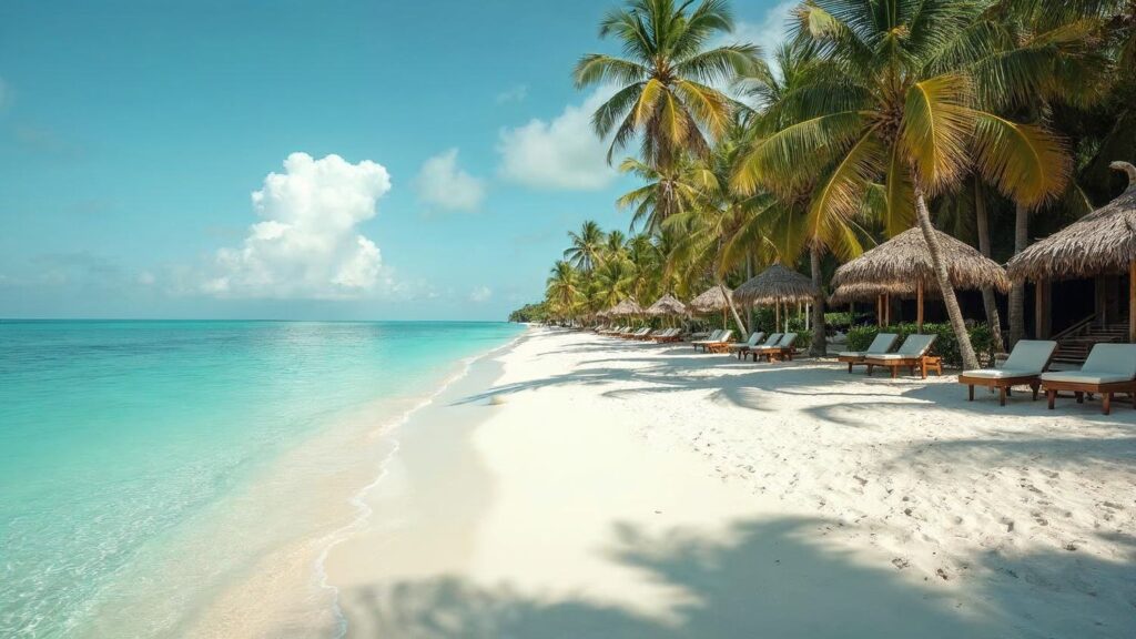 One of Cap Cana's beaches, with white sand, calm turquoise water, and palm trees leaning over the shore