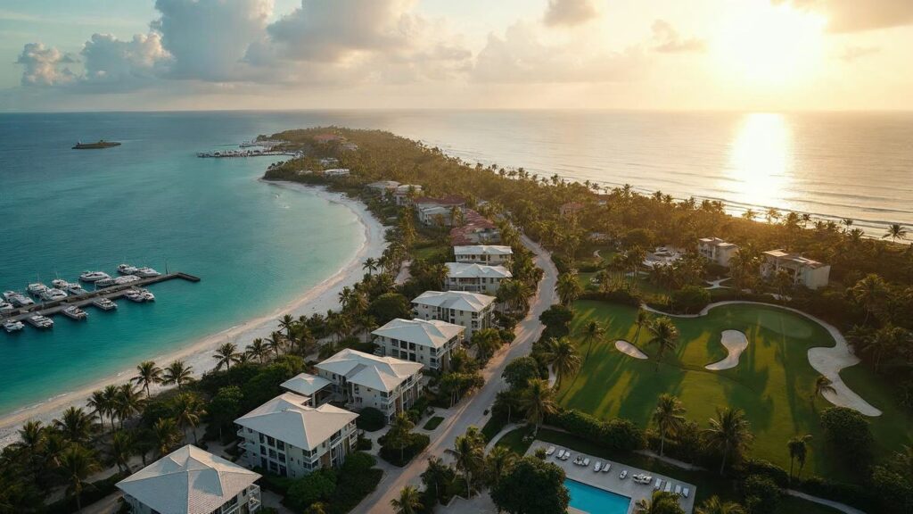 Aerial view of the Cap Cana neighborhoods: the marina, the low-rise residential areas, and the golf course surrounded by palm trees