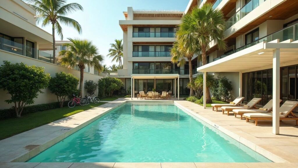 The common area of a condominium in the late afternoon, featuring the pool, green spaces, and balconies: the everyday setting of life in Punta Cana