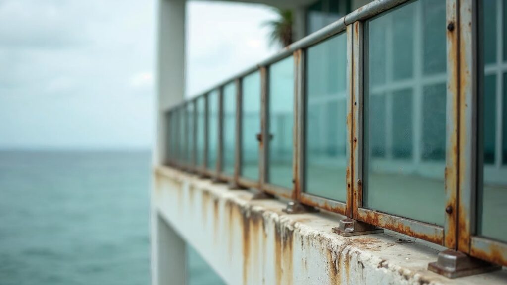 The railing and windows of a coastal building, with the metal corroded by saltpeter on a cloudy day—a reminder of the downsides of living in the Dominican Republic